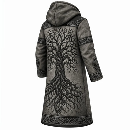 Black Gray Tree Print Longline Hooded Fleece Coat