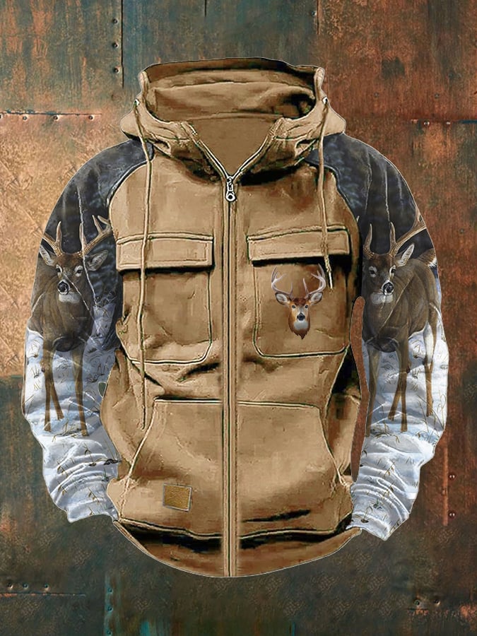 Men's Vintage Western Deer Print Multi-Pocket Jacket