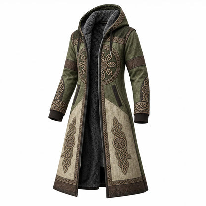 Olive Green Beige Nordic Pattern Longline Hooded Fleece Coat