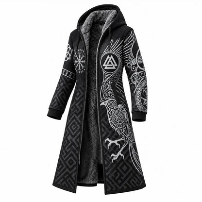 Black Gray Norse Pattern Longline Hooded Fleece Coat