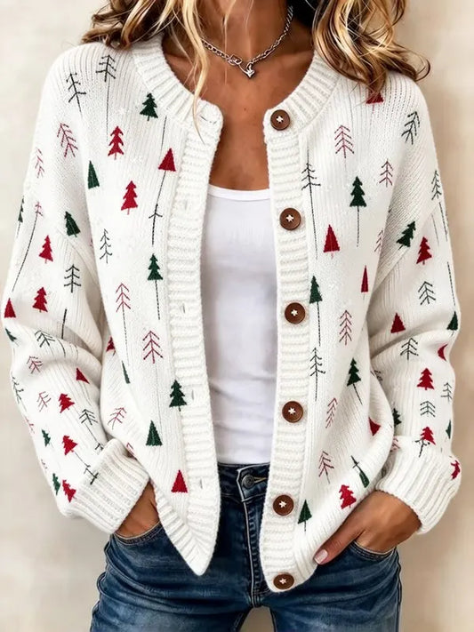 Women's Christmas Tree Print Knit Cardigan