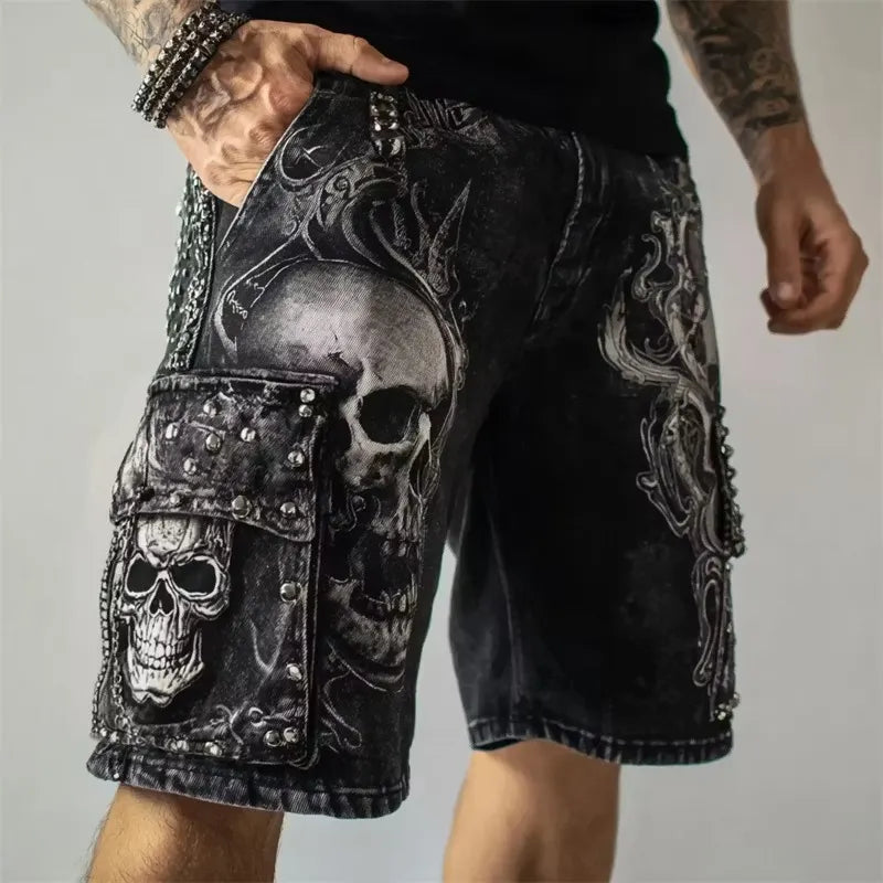 Men's Punk Rock Gothic Skull Print Cargo Shorts