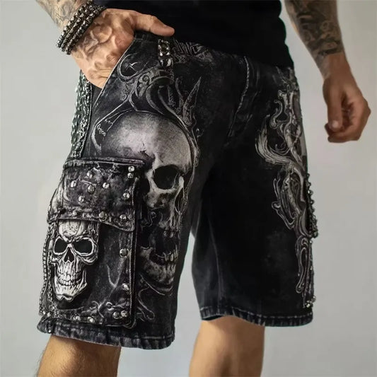 Men's Punk Rock Gothic Skull Print Cargo Shorts