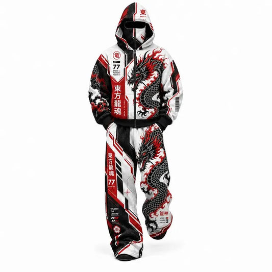 Black White Cyberpunk Dragon Mask Hoodie Tracksuit Set