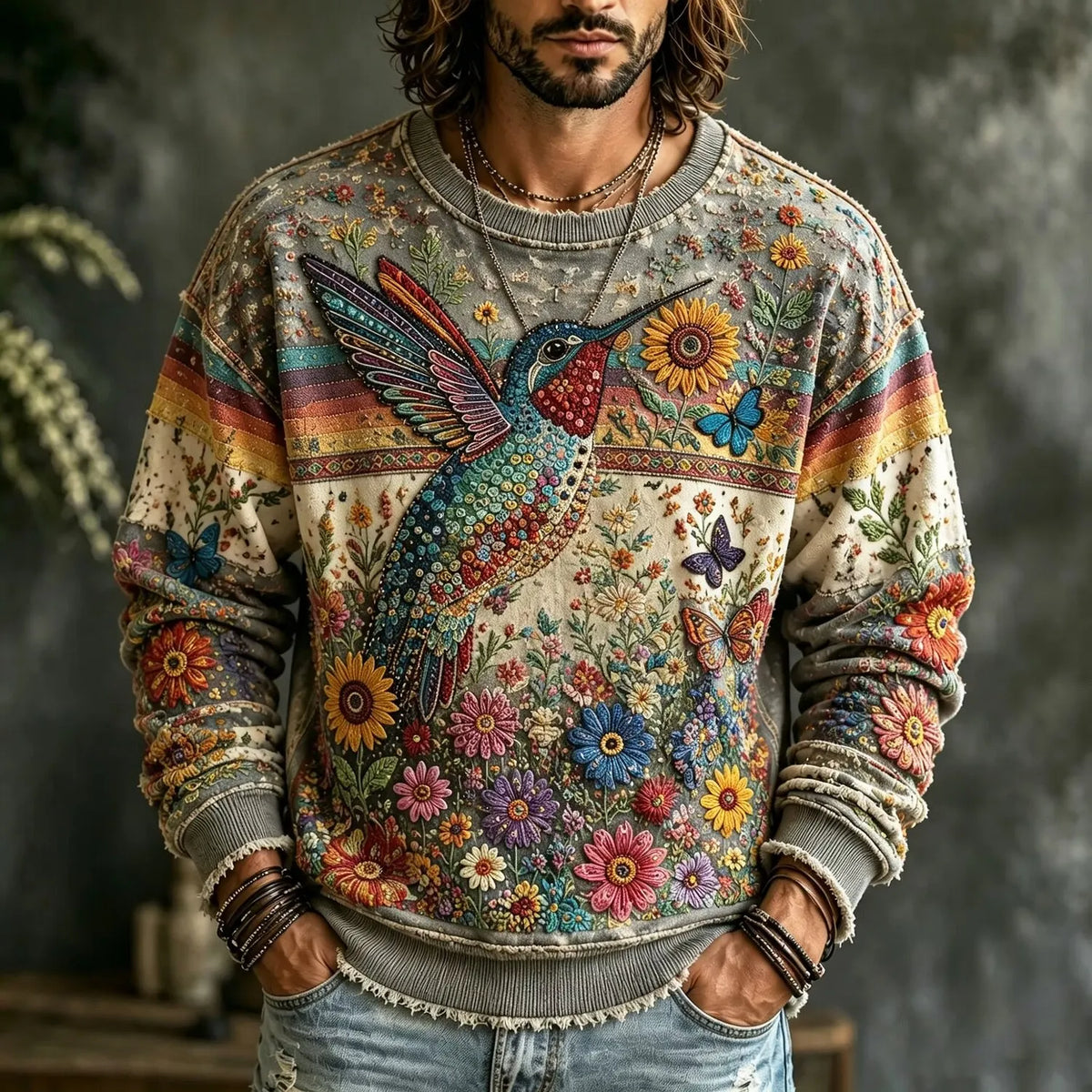 Men's Hummingbird Flower Print Crew Neck Sweatshirt