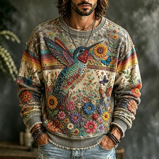 Men's Hummingbird Flower Print Crew Neck Sweatshirt