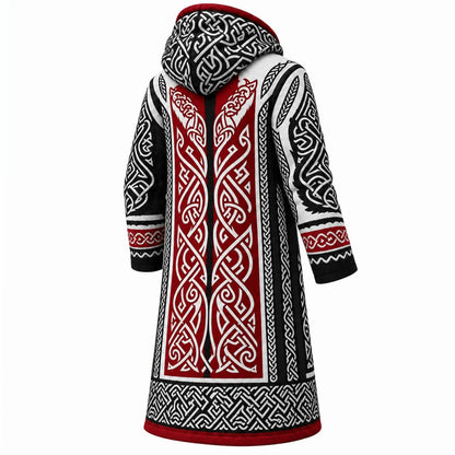 Black White Red Raven Print Longline Hooded Fleece Coat