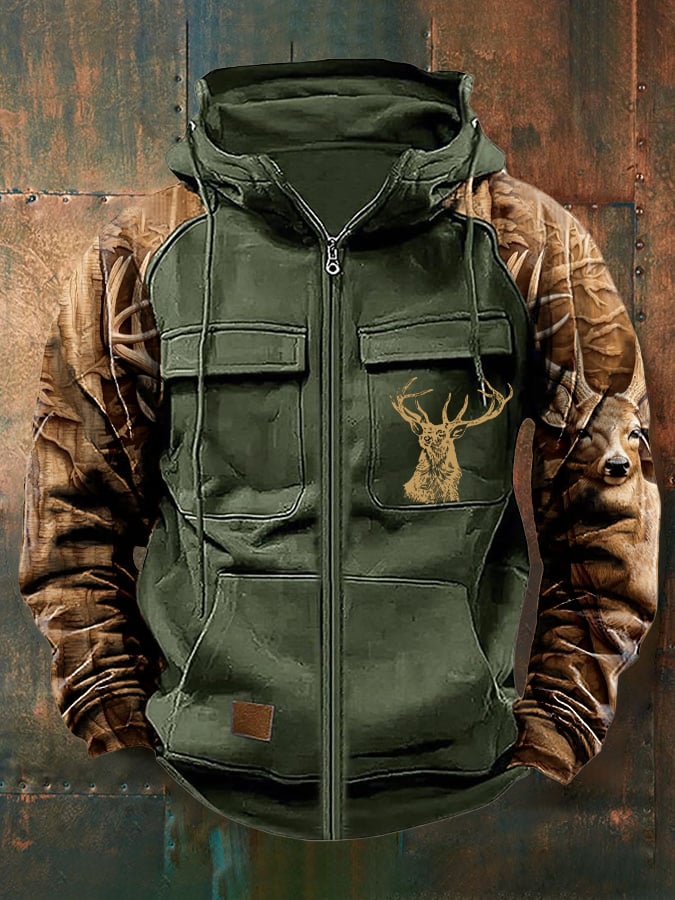 Men's Vintage Western Deer Print Multi-Pocket Jacket