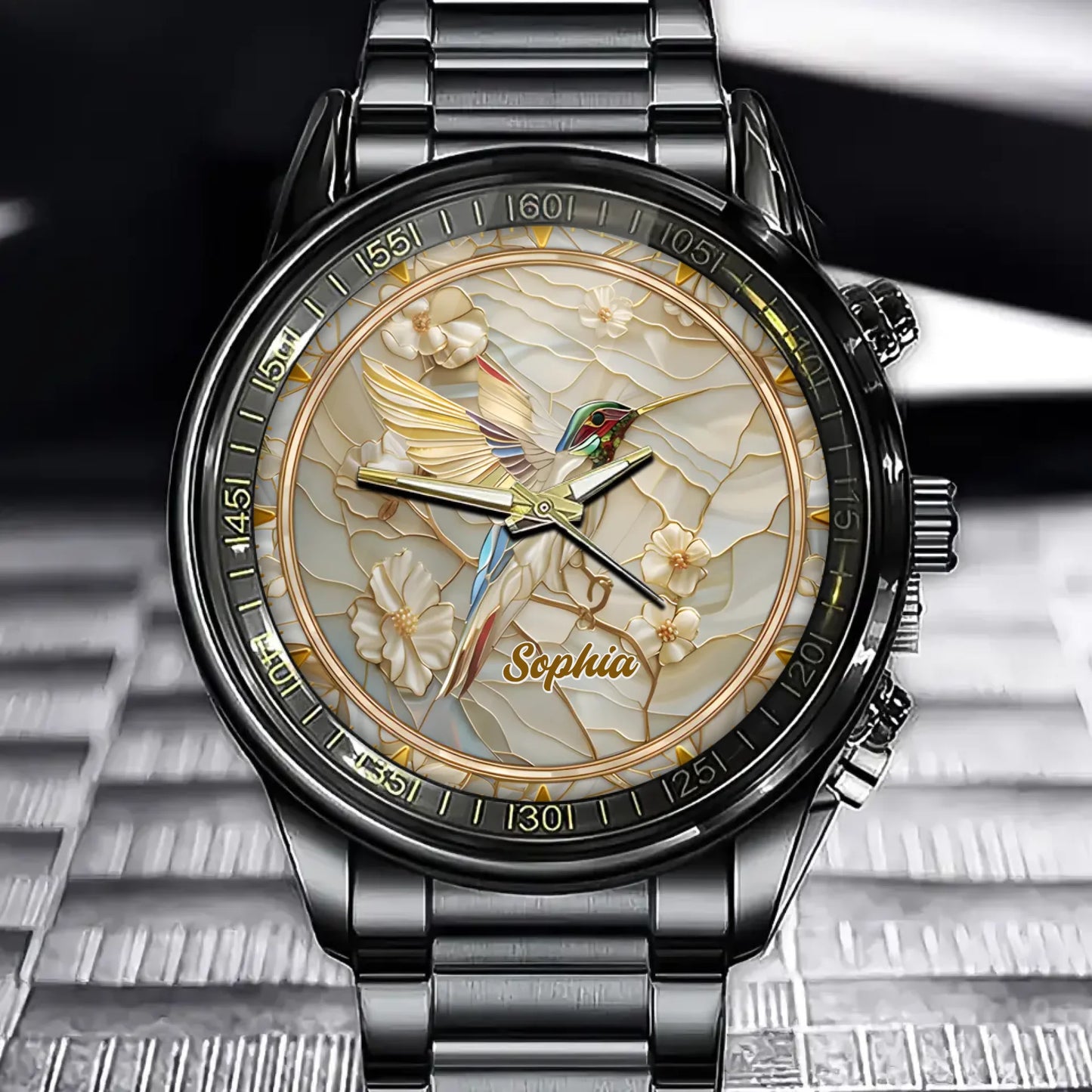Personalized Hummingbird & Floral Watch - Custom Name Engraved Timepiece for Nature Lovers