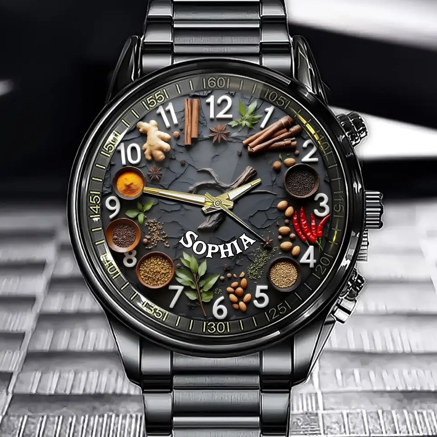 Personalized Cooking Enthusiast Watch - Spice Collection Design And Custom Name Personalization