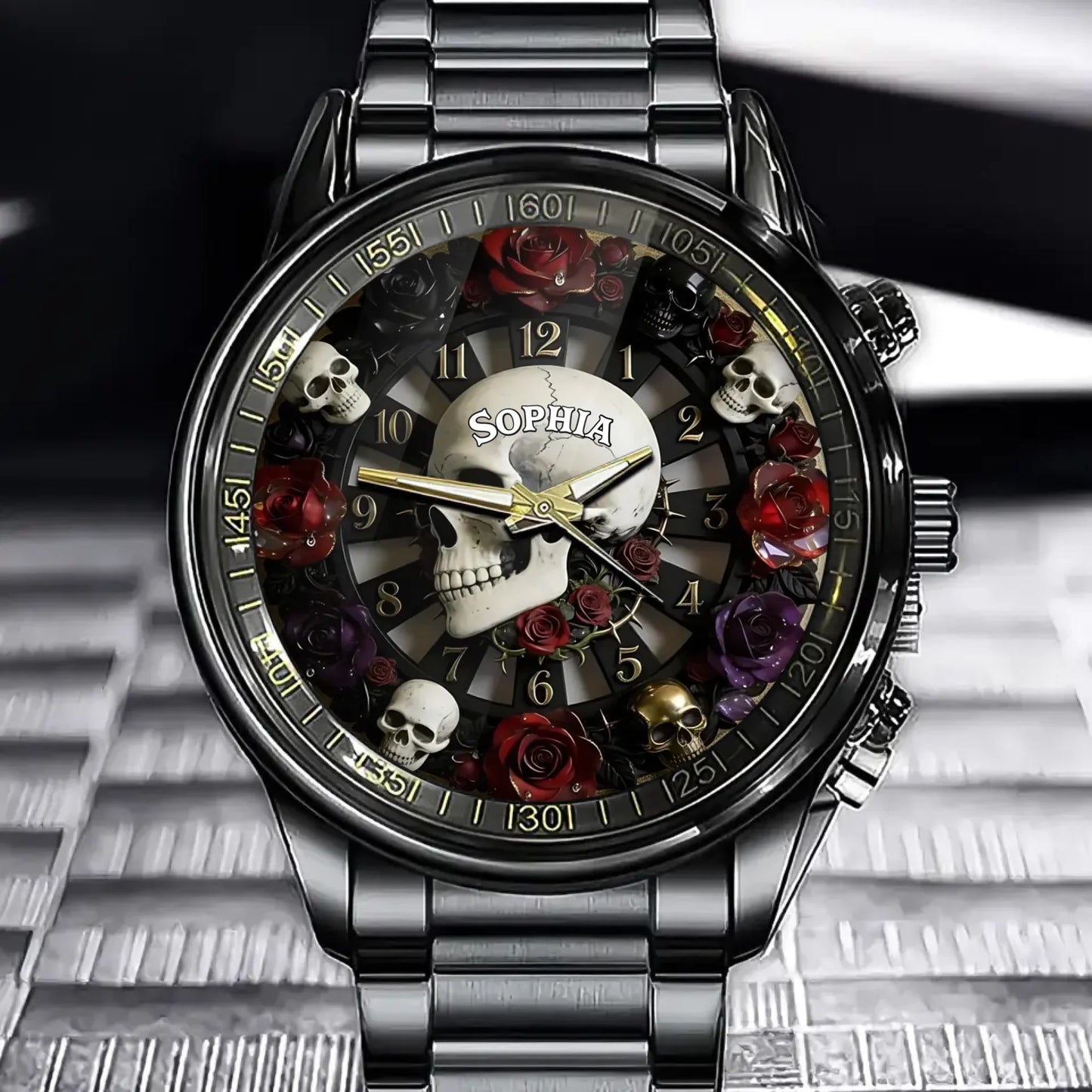 Personalized Gothic Skull Watch - Cross & Rose Design And Custom Name
