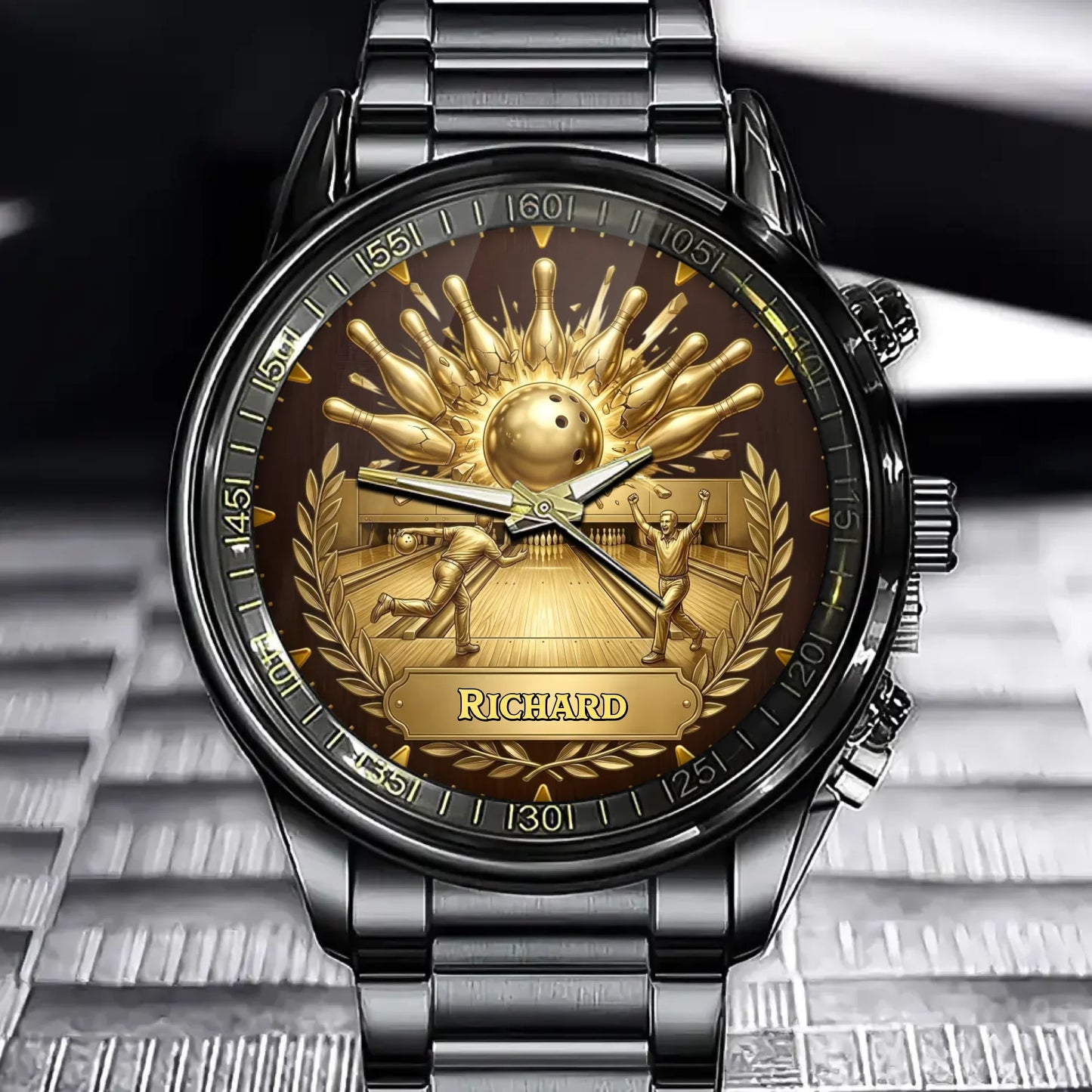Personalized Bowling Watch with Custom Striking Pins and Ball Design