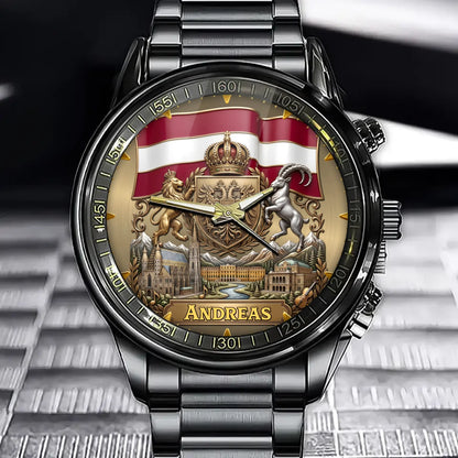 Personalisierte Österreich Uhr - Individuelle Namensuhr mit Rot-Weiß-Rot Design und Alpen-Motiv