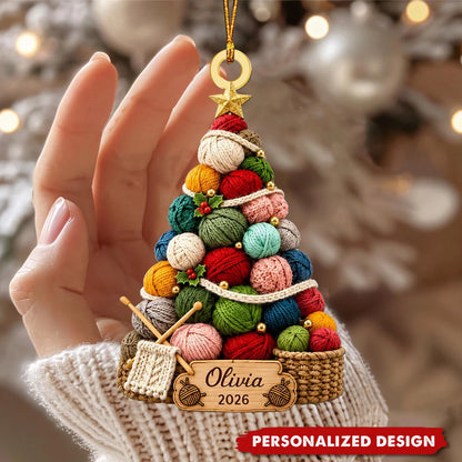 Custom Yarn Christmas Tree Acrylic Ornament - Personalized Gifts For Knitters & Crocheters - A Tree Full Of Stitches