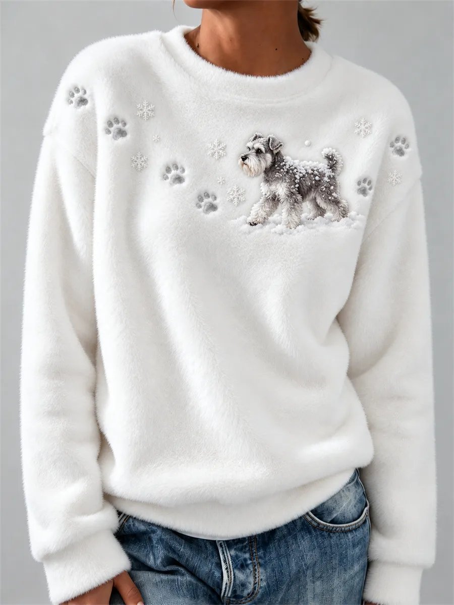 Women's Schnauzer Snow Paw Print Snowflake Print Comfortable Flannel Sweatshirt