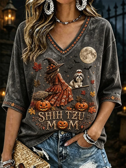 Women's Halloween Fall Shih Tzu Mom Witch & Dog Print Mid-length Sleeves V-Neck T-Shirt