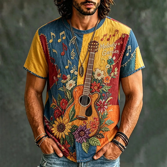 Men's Vintage Color Block Acoustic Guitar Daisy Print Crew Neck Short Sleeve T-Shirt