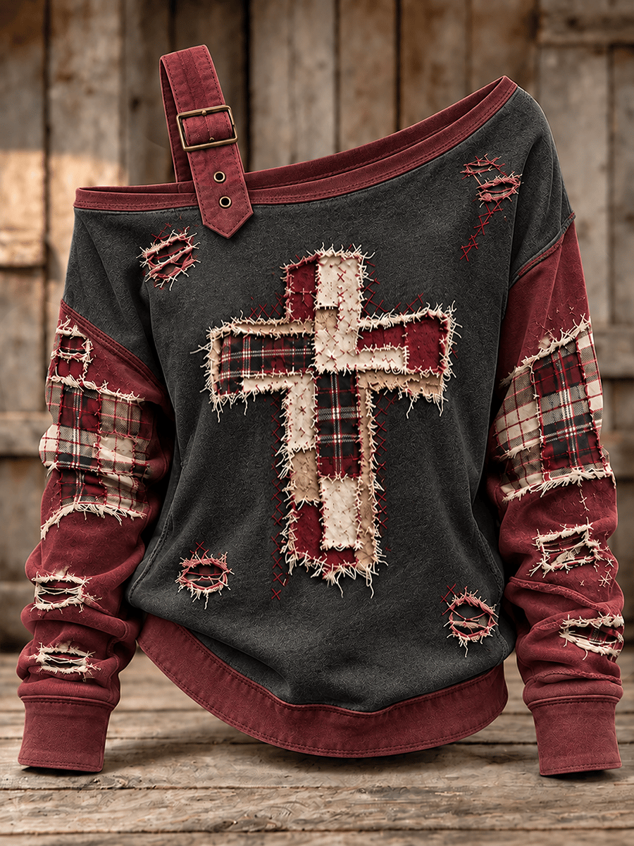 Women's Faith Patchwork Art Pattern Off-Shoulder Comfortable Sweatshirt
