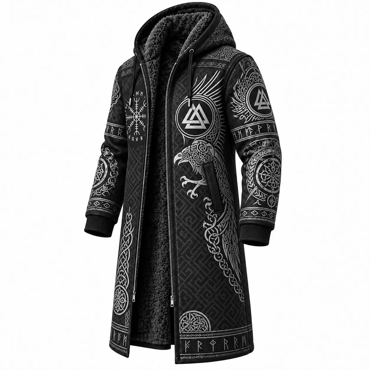 Black Gray Dragon Print Longline Hooded Fleece Coat