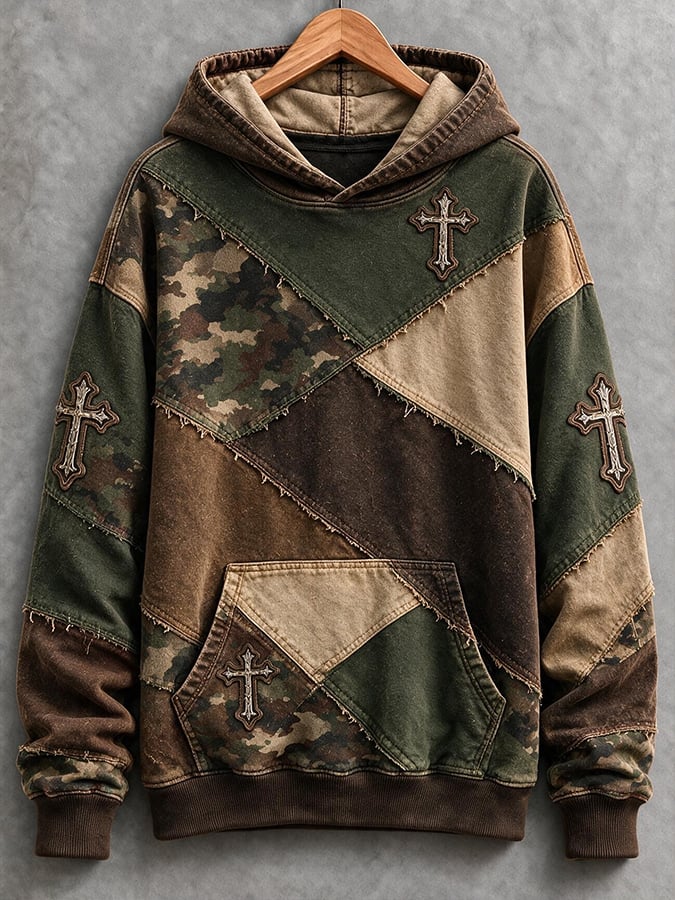 Women's Retro Camouflage Cross Print Casual Hooded Sweatshirt