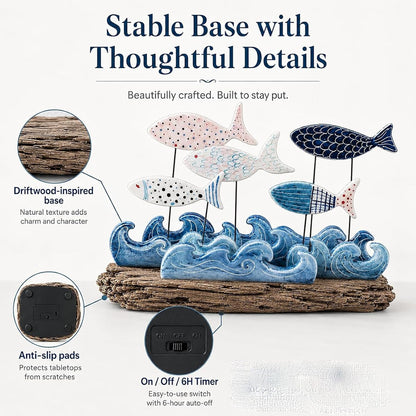 Lighted Coastal Fish Sculpture - Ocean Inspired LED Tabletop Decor for Beach House & Seaside Home