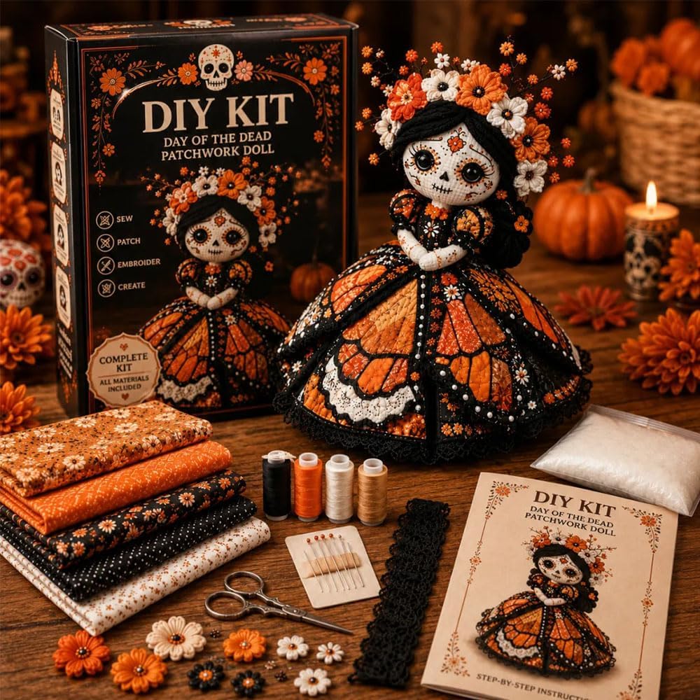 Day of the Dead Patchwork Doll DIY Kit - Sugar Skull Sewing Craft For Halloween & Fall Decor