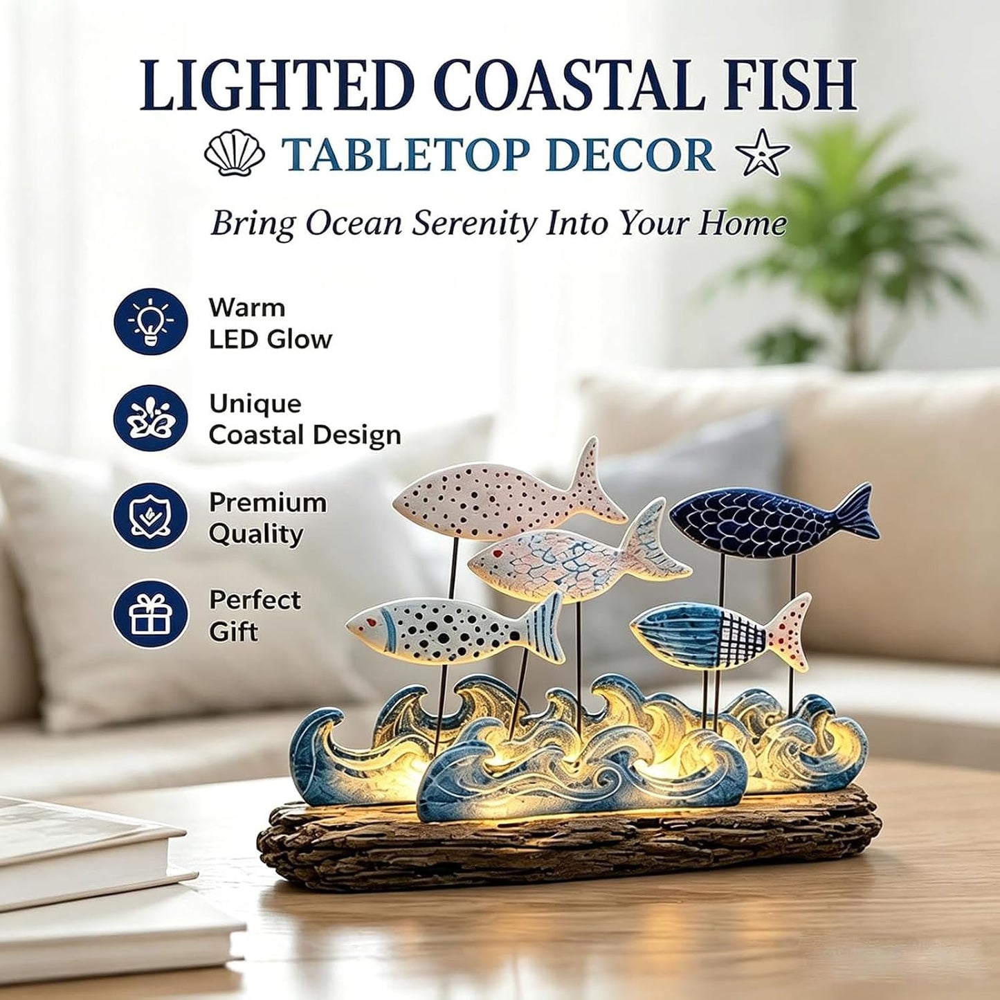 Lighted Coastal Fish Sculpture - Ocean Inspired LED Tabletop Decor for Beach House & Seaside Home