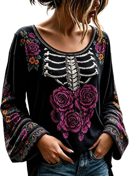 Women's Gothic Floral Skeleton Bell Sleeve Top - Dark Romance