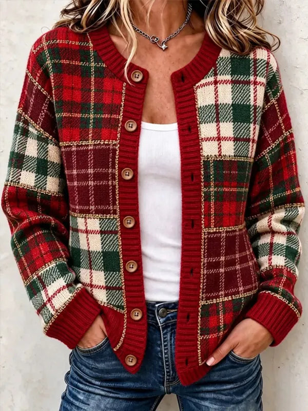 Women's Vintage Patchwork Tartan Plaid Print Knit Cardigan