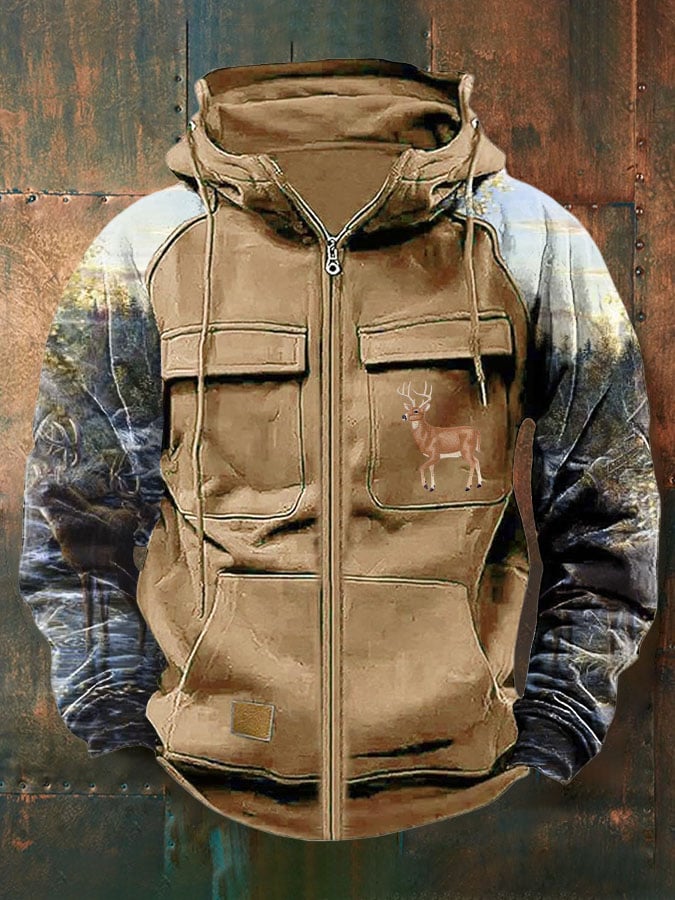 Men's Vintage Western Deer Print Multi-Pocket Jacket