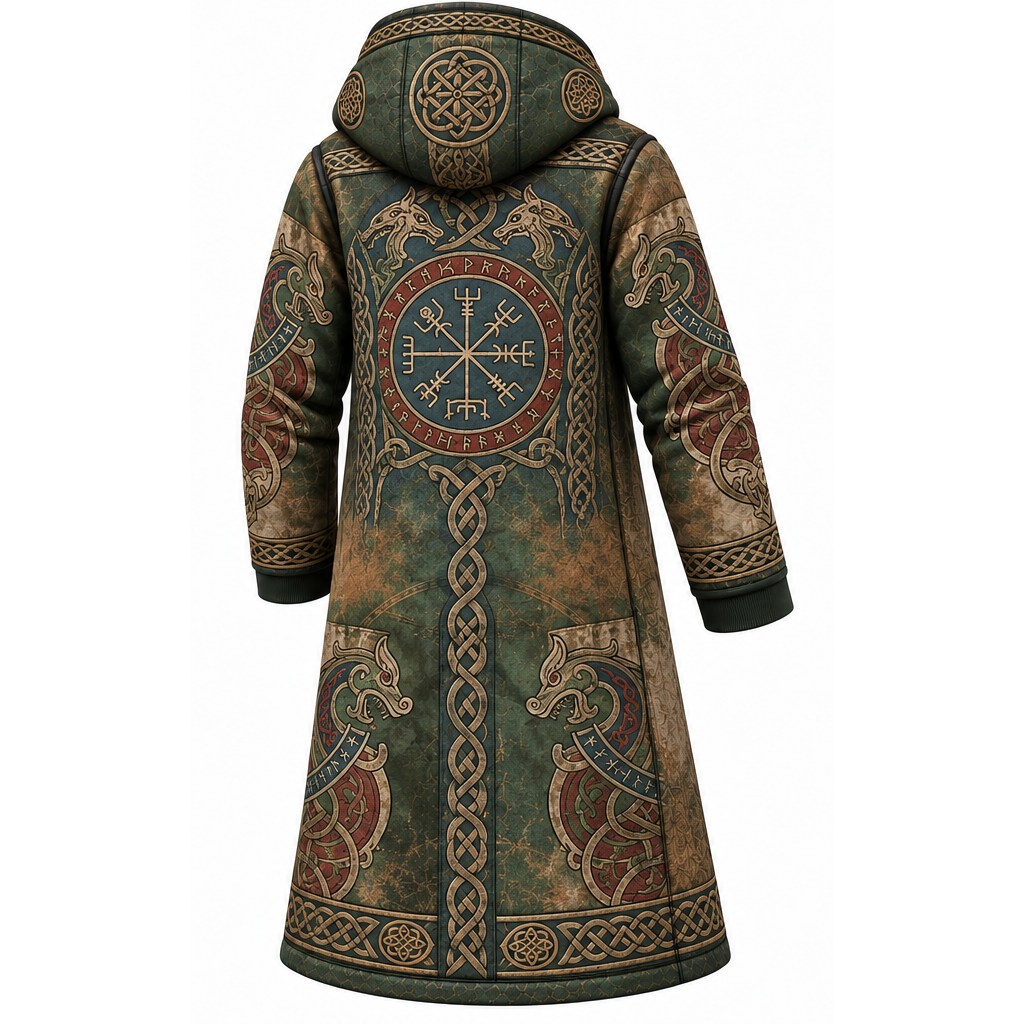 Olive Green Viking Wolf Fleece-Lined Long Coat