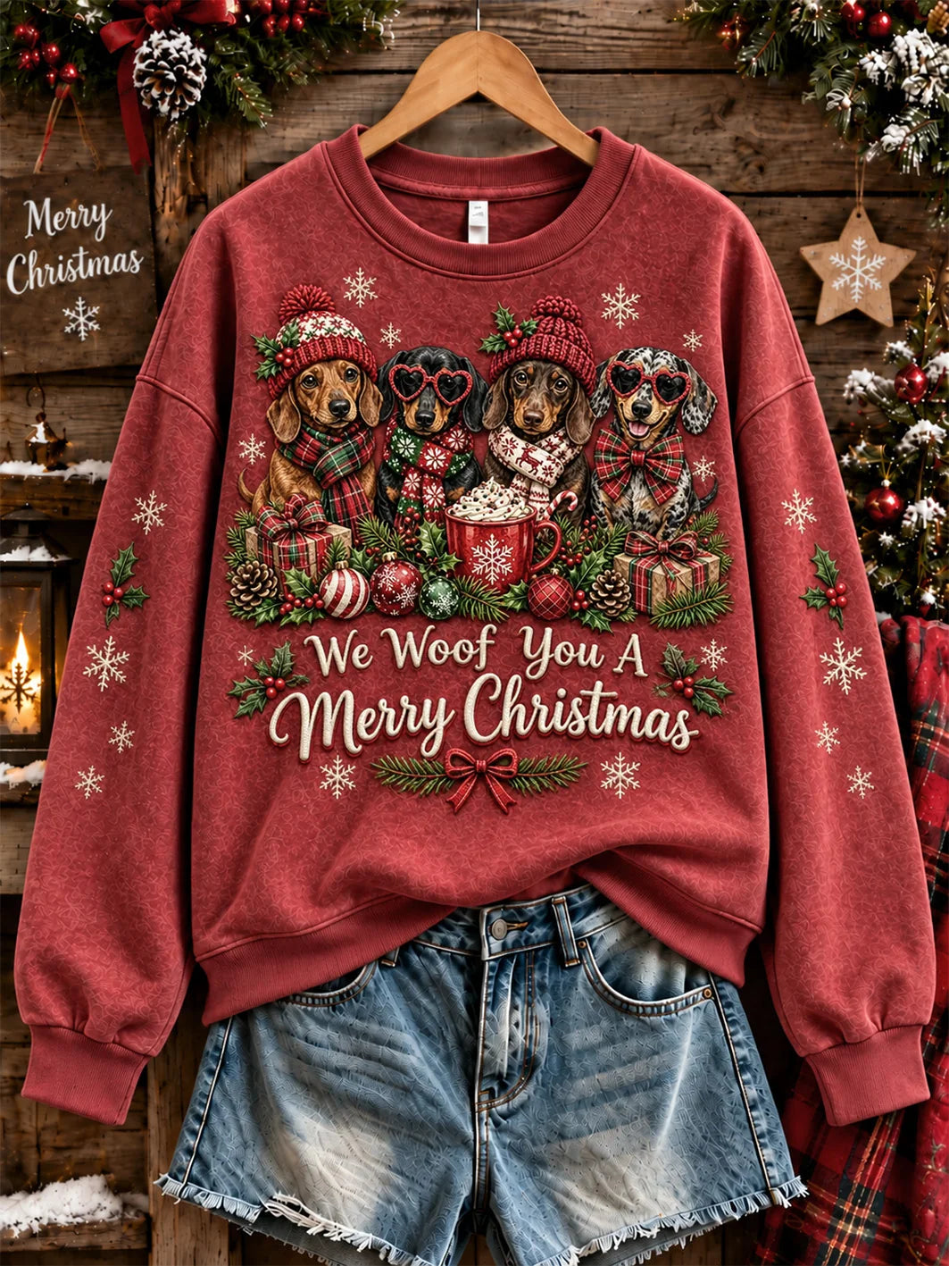 Women's We Woof You A Merry Christmas Dogs Pattern Causal Regular Sweatshirt
