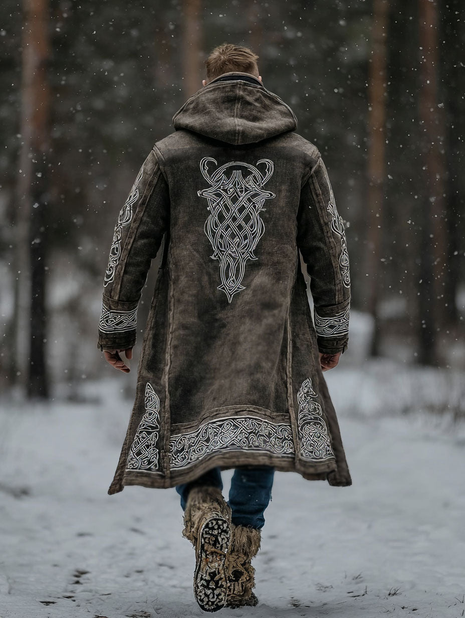 Men's Viking Tribal Totem Vintage Washed Print Fleece-Lined Hooded Jacket