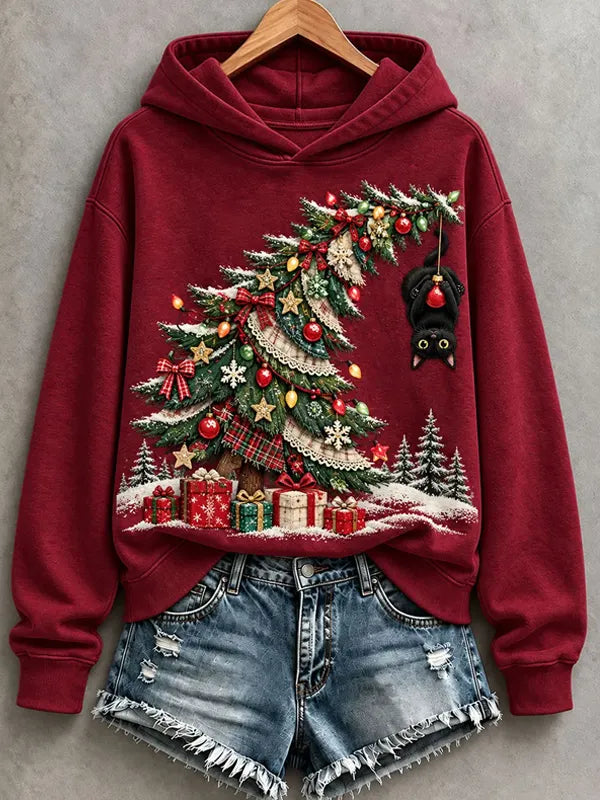 Women's Christmas Tree Hanging Black Cat Gift Box Snow Scene Art Print Hoodie