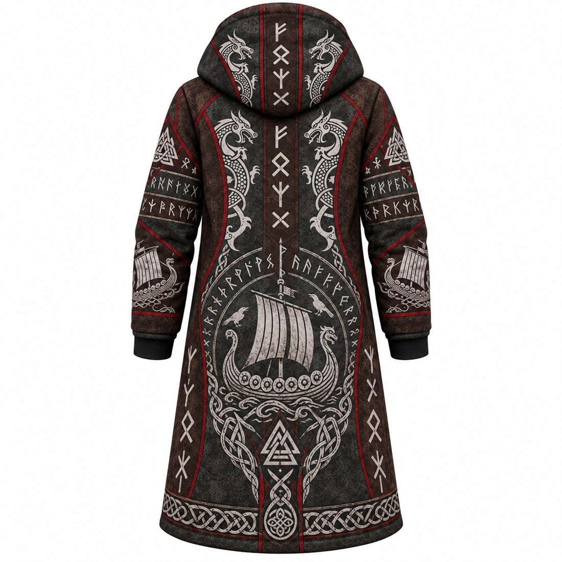 Dark Brown Viking Longship Fleece-Lined Long Coat