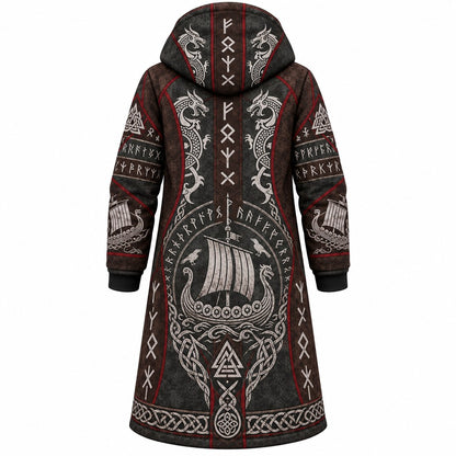 Dark Brown Viking Longship Fleece-Lined Long Coat