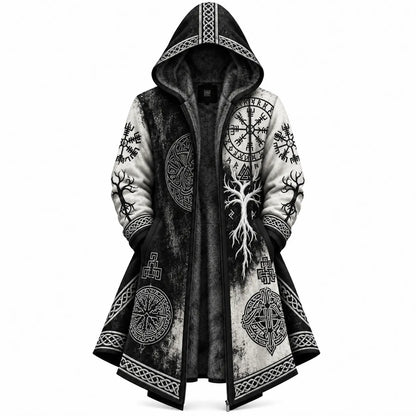 Black White Viking Rune Tree Zip-Up Hooded Jacket