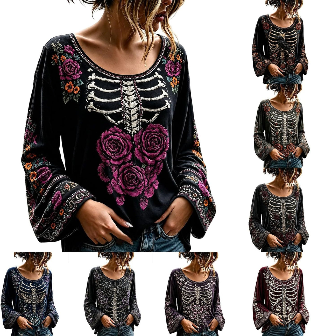 Women's Gothic Floral Skeleton Bell Sleeve Top - source gallery image 5