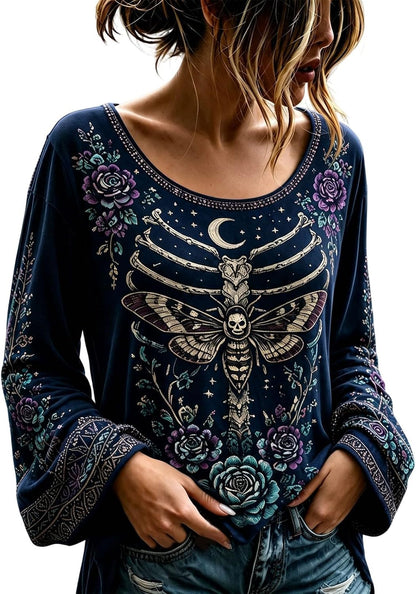 Women's Gothic Floral Skeleton Bell Sleeve Top - Midnight Navy