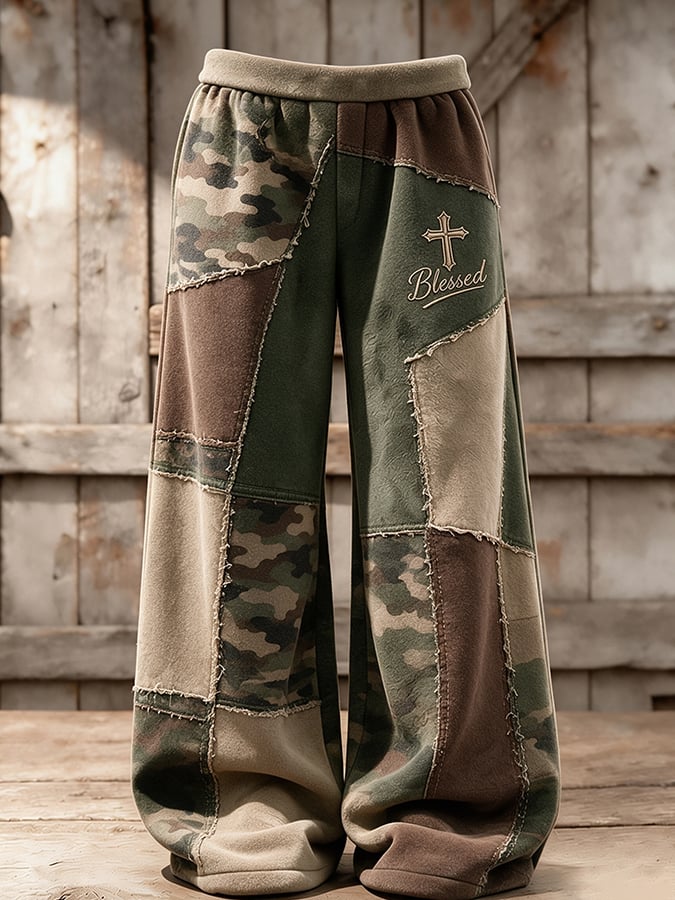 Women's Retro Camouflage Cross Pattern Patchwork Print Casual Flannel Sweatpants