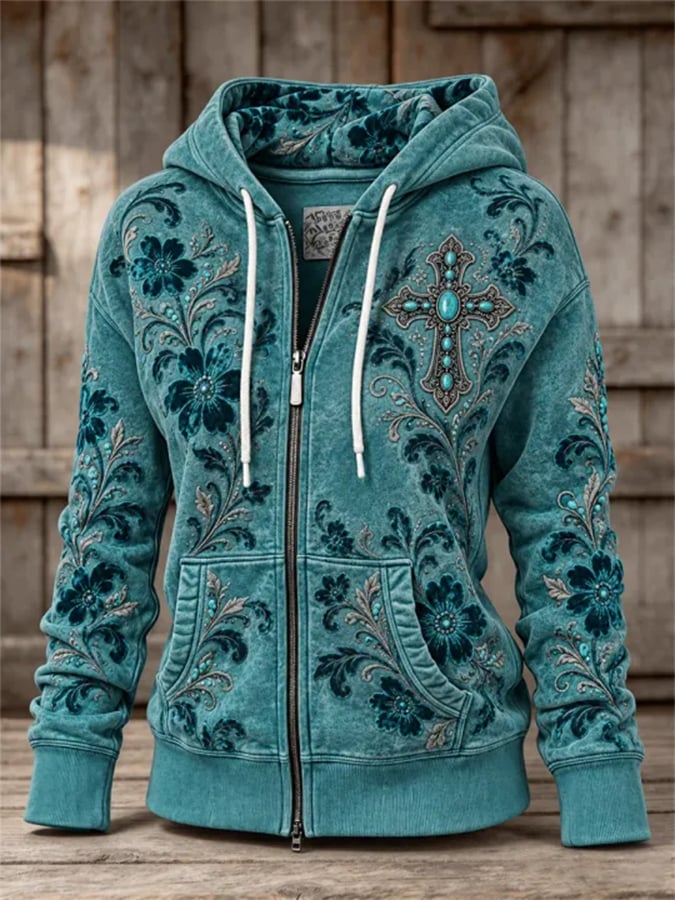 Women's Vintage Western Turquoise Cross & Bull Skull Leopard Print Full Zip Hoodie
