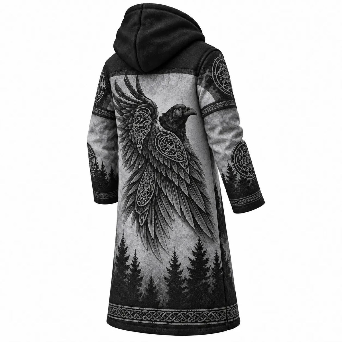 Charcoal Gray Knot Print Longline Hooded Fleece Coat