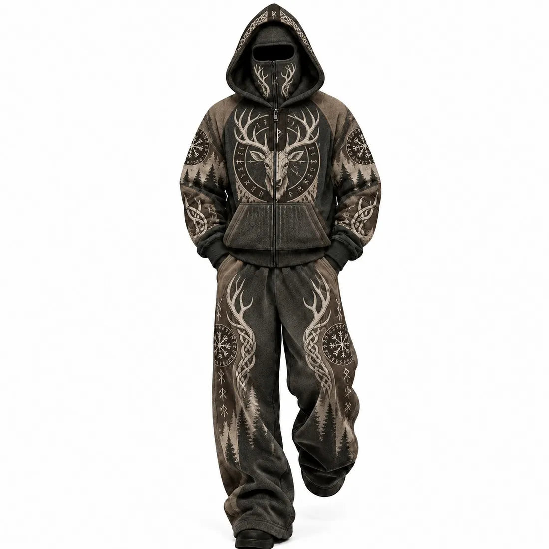 Brown Viking Stag Mask Hoodie Set