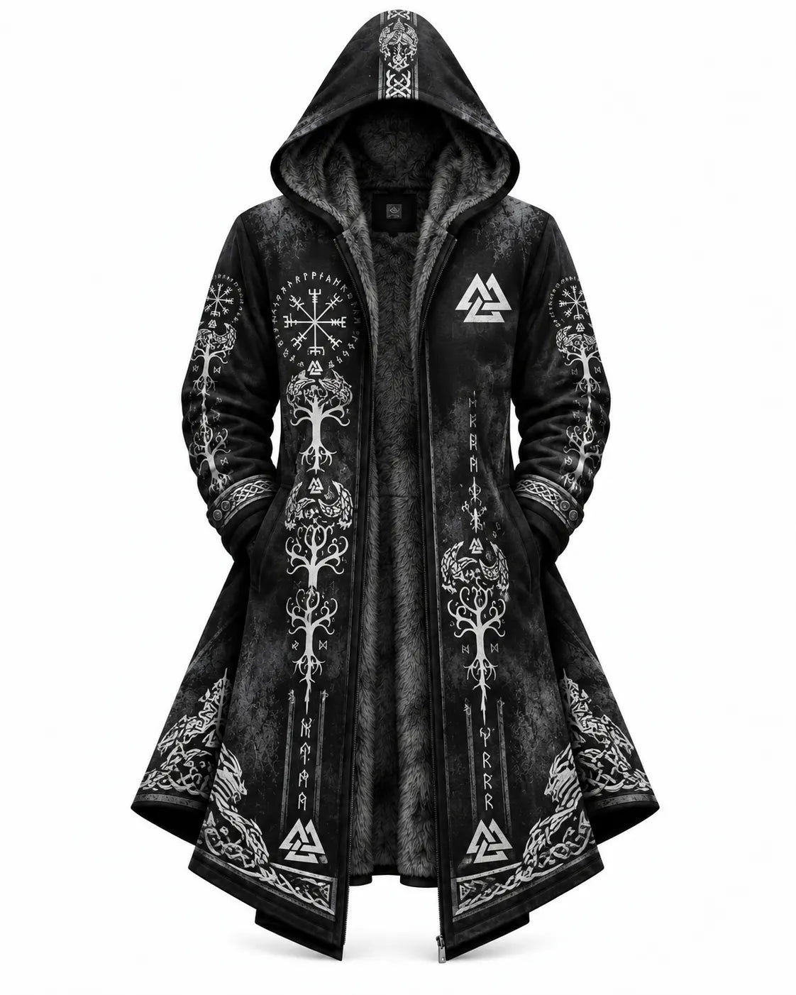 Black Viking Tree Rune Zip-Up Hooded Jacket
