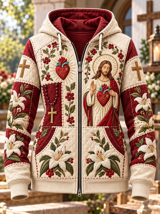 Women's Christian Floral Print Casual Zip-Up Hoodie