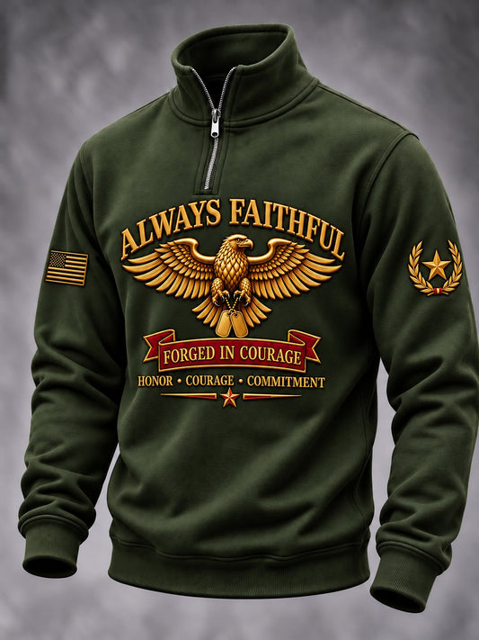 Men's Vintage U.S Veteran Art Printed  Zip-Up Sweatshirt