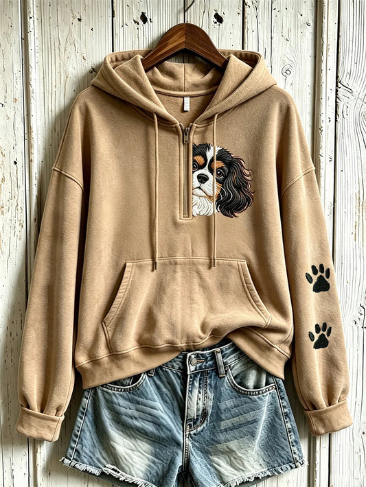 Women's Cute Dog Pattern Printed Casual Half Zipper Hoodie