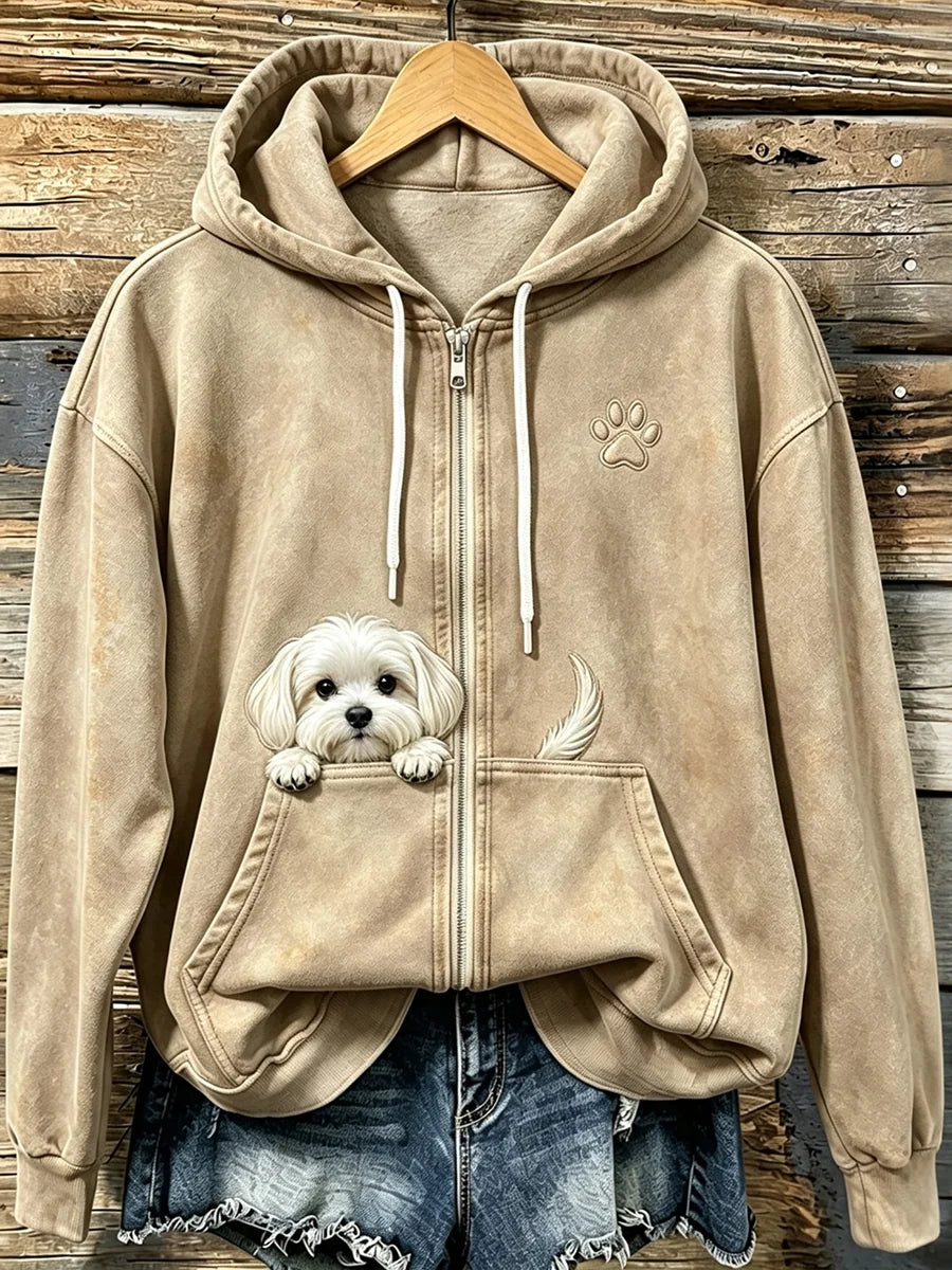 Women's Cute Peeking Maltese Dog with Paw Print Cozy Zip-Up Hoodie