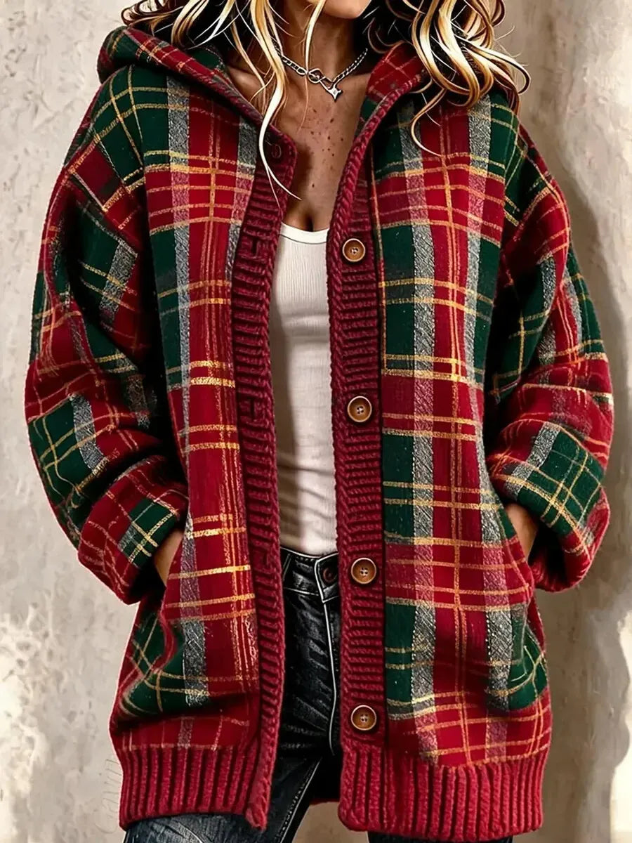 Women's Vintage Tartan Plaid Art Print Knit Hooded Cardigan Coat