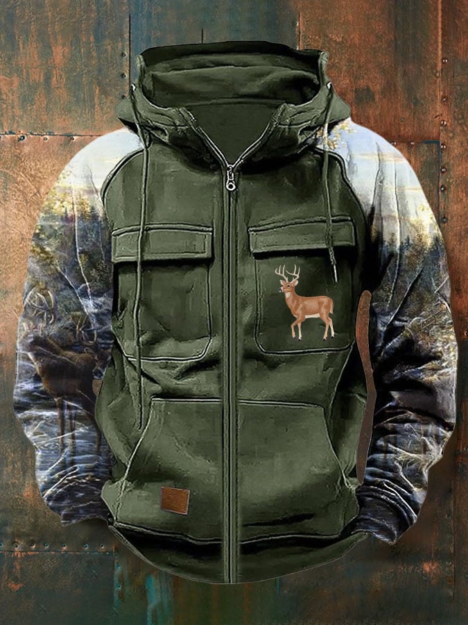 Men's Vintage Western Deer Print Multi-Pocket Jacket